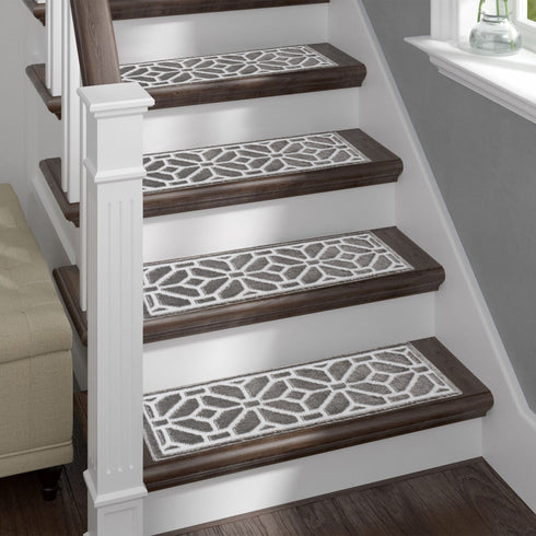 Ophelia  Gray/White  Authentic Turkish Premium Quality Stair Rugs - Medium Pile - Machine Washable Indoor Carpet Stair Treads-Multi Pack Sets With TPE Backing